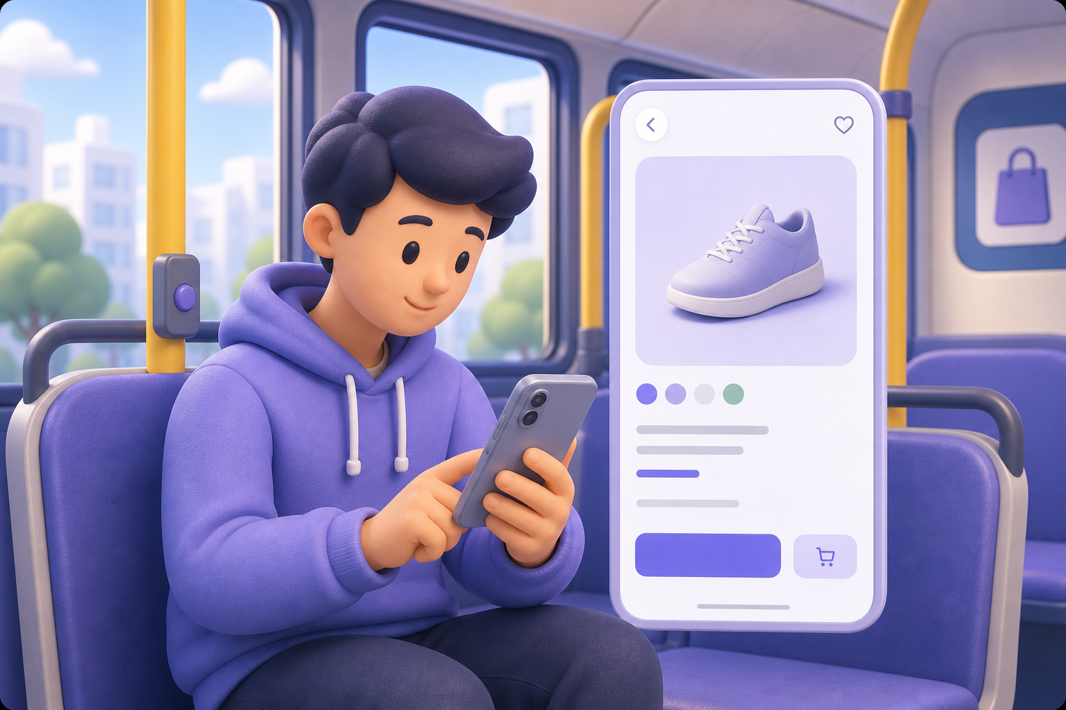 Synthetic user reviewing an ecommerce product selection flow on a phone while riding a bus