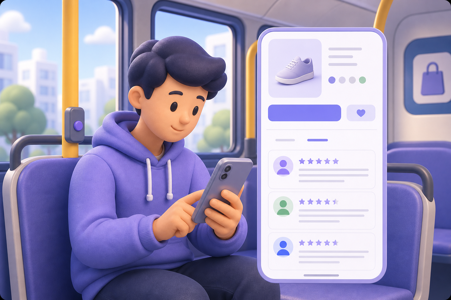Synthetic user reviewing an ecommerce product selection flow on a phone while riding a bus